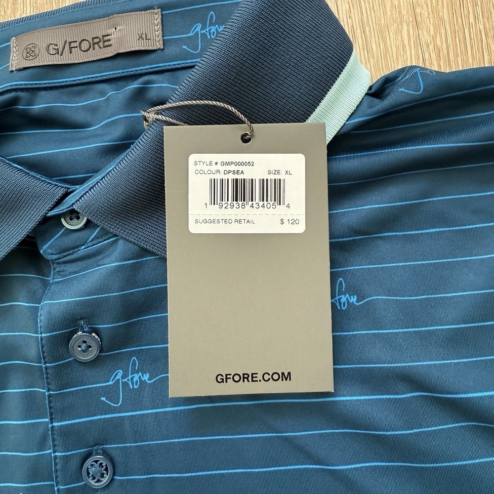 Men's Navy Striped Performance Polo Shirt by G/Fore - Picture 8 of 9